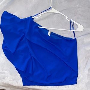 Glam ruffle one sleeve top. Blue. S. Worn once.